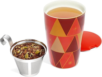 Tea Forte Warming Joy Double-Walled Ceramic Kati Cup with Removable Stainless Steel Infuser Basket and Lid, Steeps 12 oz Loose Leaf Tea, Lid and Cup Dishwasher & Microwave Safe