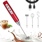 Load image into Gallery viewer, Nahida Red Milk Frother Wand for Coffee - Rechargeable Handheld Electric Whisk with 3 Heads, 3 Speeds - Drink Mixer for Latte, Cappuccino, Hot Chocolate