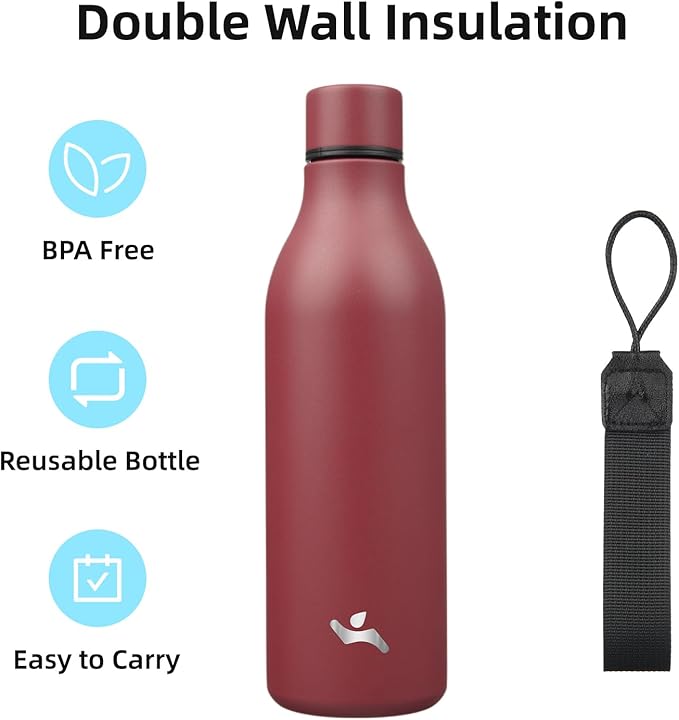 Insulated Water Bottle with Strap,25 oz Double Wall Stainless Steel Vacuum Bottles Metal Water Flask,Brick Red