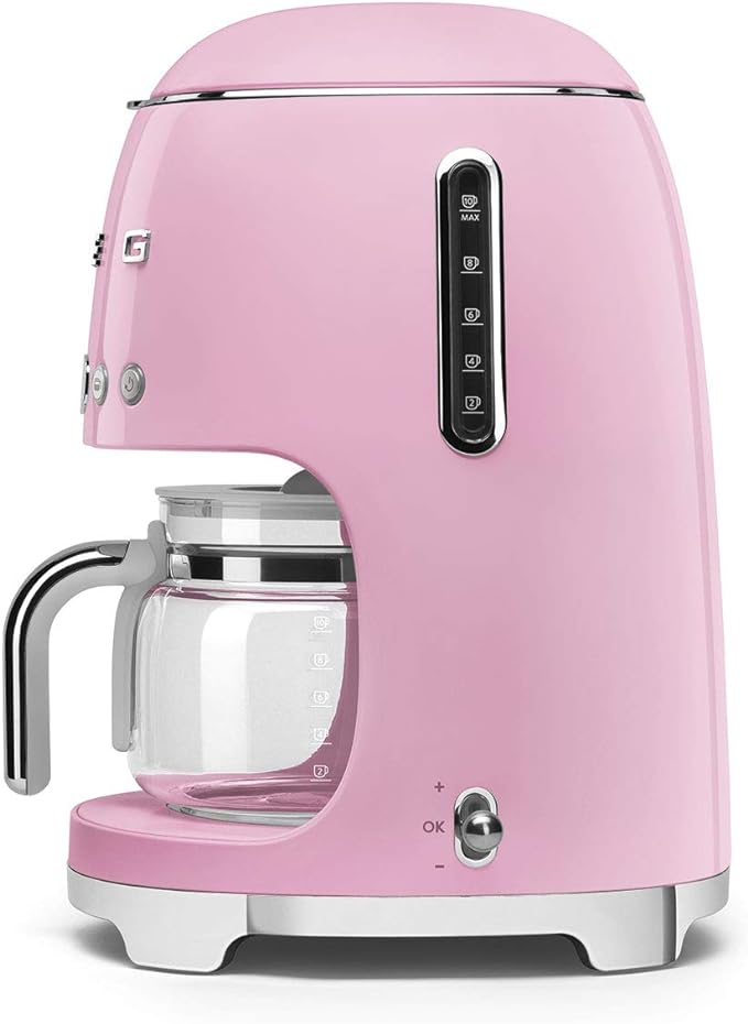 Smeg 50's Retro Style Aesthetic Drip Coffee Machine with 10 Cup Glass Carafe, Auto Start Feature, Keep Warm Plate, and Two Coffee Strength Settings (Pink)