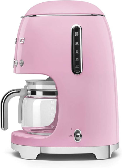 Smeg 50's Retro Style Aesthetic Drip Coffee Machine with 10 Cup Glass Carafe, Auto Start Feature, Keep Warm Plate, and Two Coffee Strength Settings (Pink)