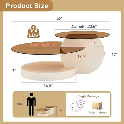 42 Inch Glass Coffee Table，Round Coffee Table with 2-Tier Tempered Glass Tabletop，Easy to Clean Circle Coffee Table with Sturdy Base for Living Room，Office （ Cream White Colored Base）