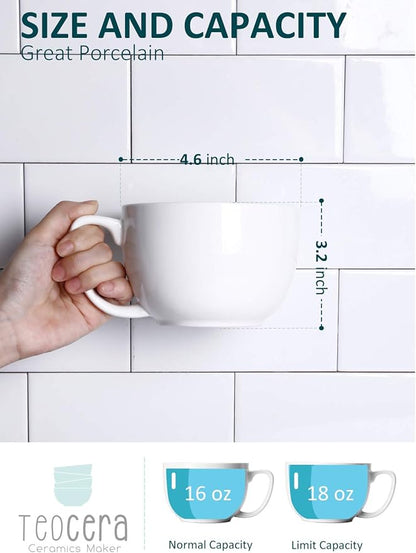 Teocera 16oz Large Coffee Mugs Set of 4 - Thick White Porcelain Cups for Cappuccino, Latte, Tea & Hot Chocolate - Dishwasher Safe Ceramic with Comfort Grip Handles