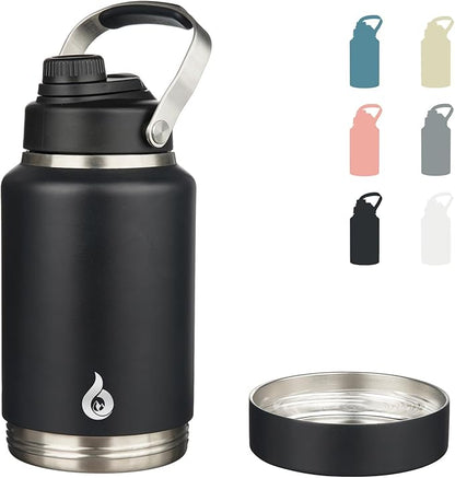 BJPKPK 64oz Insulated Water Bottles, Dishwasher Safe Half gallon Water Bottle with Metal Handle, BPA Free Spout Lid & Detachable Bowl, Large Stainless Steel Jugs, Black