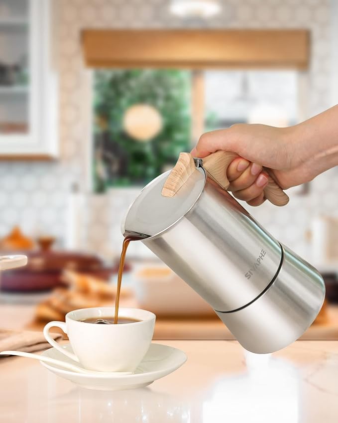 Sivaphe Stovetop Espresso Maker Stainless-Steel 3.5 oz, 1-2 Cup Coffee Maker Induction Moka Pot, 100ml Moka Campaing Coffee Pot, Induction Italian Mocha Pot with Step-by-step Instructions(1 Cup=50ml)