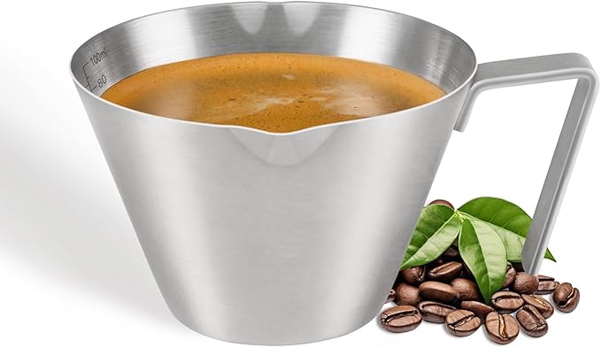 YARRAMATE Espresso Cup with Handle, Stainless Steel Espresso Accessories, Double Spout Metal Measuring Cup with Dual Scale, Espresso Shot pitcher with V-Shaped Mouth, 3.4OZ/100ML