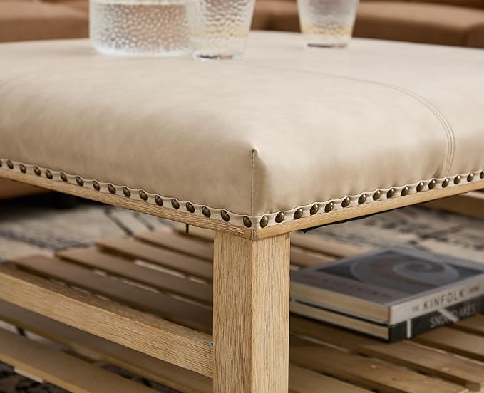 Kmax 32-Inch Beige Faux Leather Coffee Table Large Square Ottoman Foot Rest Stool Upholstered Coffee Table with Wooden Shelf Storage for Living Room Office