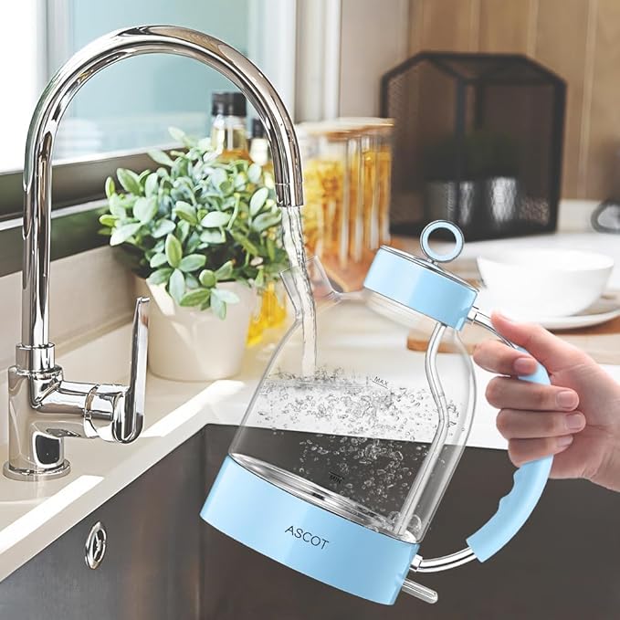 ASCOT Electric Kettle, Glass Electric Tea Kettle Gifts for Men/Women/Family 1.6L 1500W Borosilicate Glass Tea Heater, with Auto Shut-Off and Boil-Dry Protection Blue