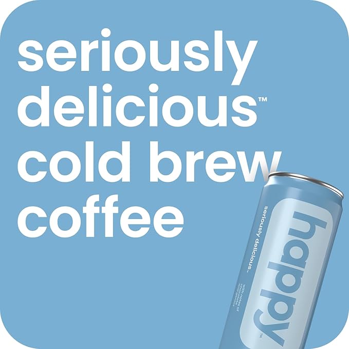 happy coffee cold brew, 11 oz. cans, 12 pack, notes of chocolate & genius, 100% arabica beans, no artificial flavors or sweeteners