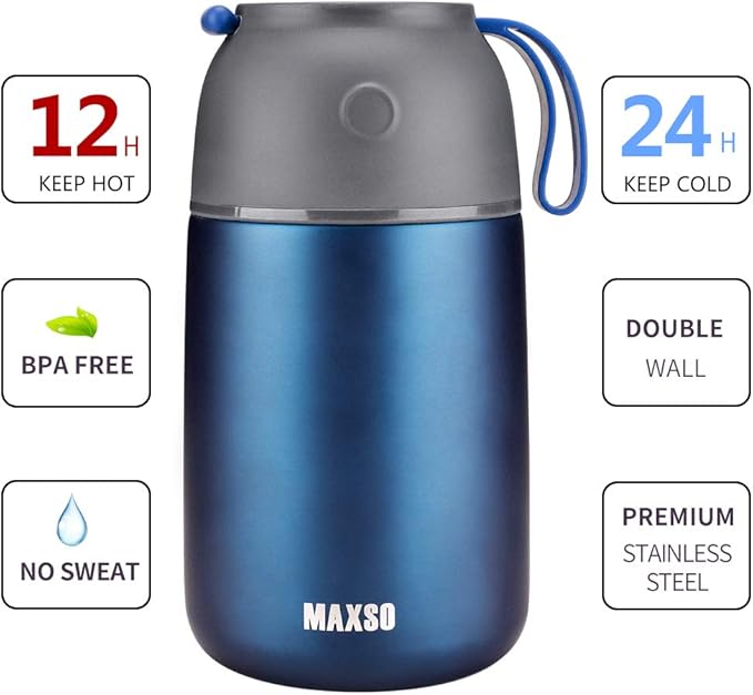 MAXSO 2 Pack Soup Thermo for Hot & Cold Food for Kids Adults, Vacuum Insulated Food Jar Thermal Lunch Containers, Travel Food Flask with Spoon (24 oz,17 oz) (Dark Blue)