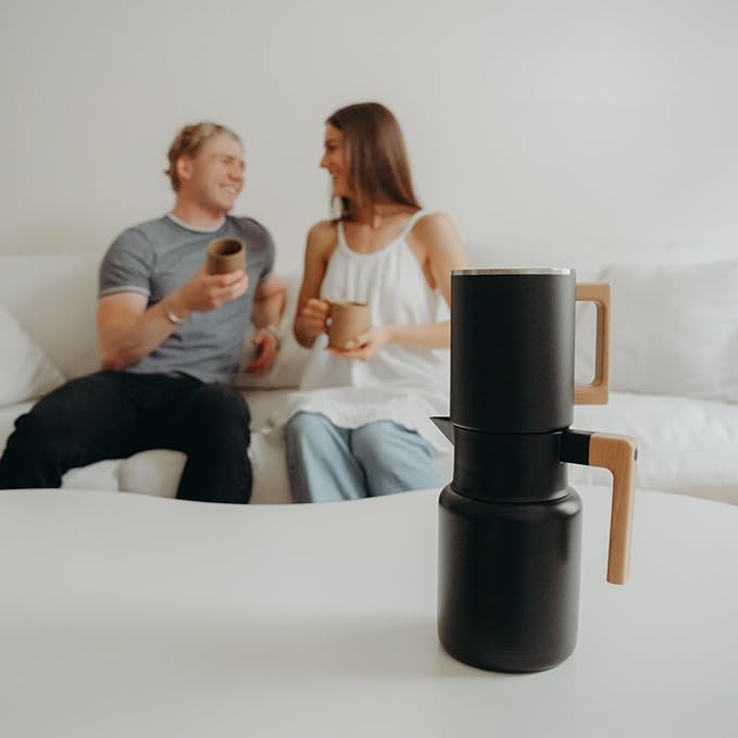 HASTINGS 50 Oz Pour Over Coffee Maker Set with Double Layer Reusable Stainless Steel Filter 8-Cup and Wood Handle - Dual Wall Heat Resistant Drip Coffee Brewer, Pour Over Coffee Dripper Carafe, Black