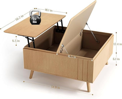 Lift Top Coffee Table, Mid Century Modern Center Table with Large Hidden Storage Compartment, 36" Square Coffee Tables for Living Room, Home Office, Oak