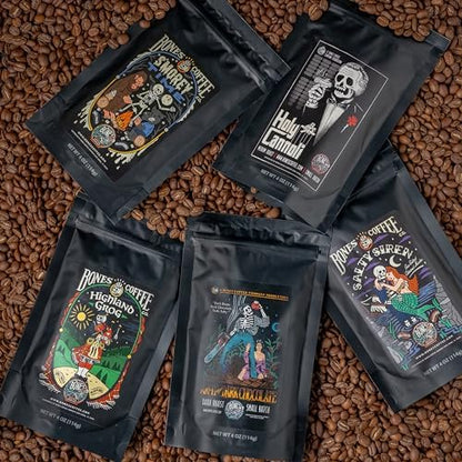 Bones Coffee Company Favorite Flavors Sample Pack Box Set with Specialty Coffee Mug, 5 Assorted Single-Origin Low Acid Medium Roast Arabica Beans Flavored Coffee Gifts, 4 oz Pack of 5 Whole Bean