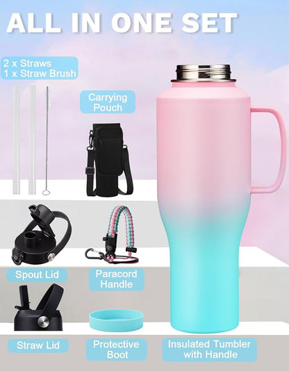 40 oz Insulated Water Bottle with Handle and Straw - Stainless Steel Water Tumbler, Keep Cold-48h & Hot-24h, Metal Water Bottle 40oz Coffee Tumbler Fits in Cup Holder for Car Travel Work Gym Sport