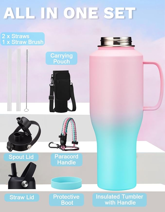 40 oz Water Bottle with Handle - Insulated Water Bottle with Straw, Auto Spout Lid, Carrying Pouch, Paracord Handle & Protective Boot, Travel Coffee Tumbler Thermal Flask for Road Trip Bike