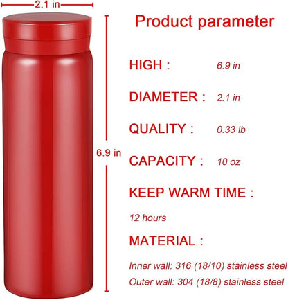 10oz Mini Water Bottle Stainless Steel Thermos Small Flask - Insulated Vacuum, Leak Proof, Keeps Drinks Hot/Cold - Ideal for Coffee, Tea, Water - Red