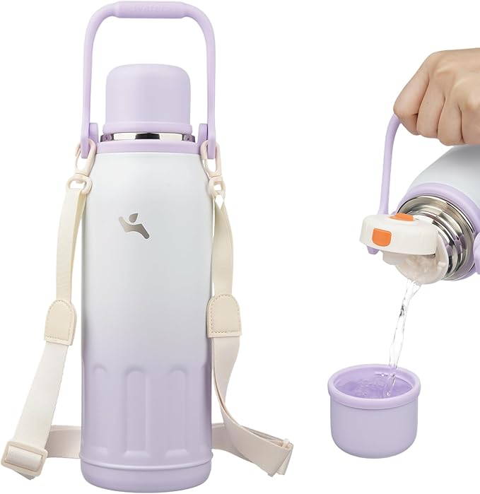 Insulated Water Bottle with Handle and Strap,Vacuum Travel Tumbler with Cup Lid,Thermo Coffee Cup for Hot Cold Drinks 50 OZ,Purple Pearl