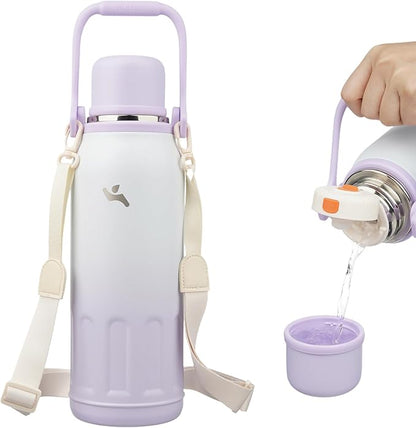 Insulated Water Bottle with Handle and Strap,Vacuum Travel Tumbler with Cup Lid,Thermo Coffee Cup for Hot Cold Drinks 50 OZ,Purple Pearl