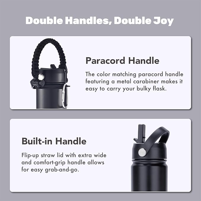 mininoo Insulated Stainless Steel Water Bottle with Straw and Lid for Sports, 24 oz, Midnight Black