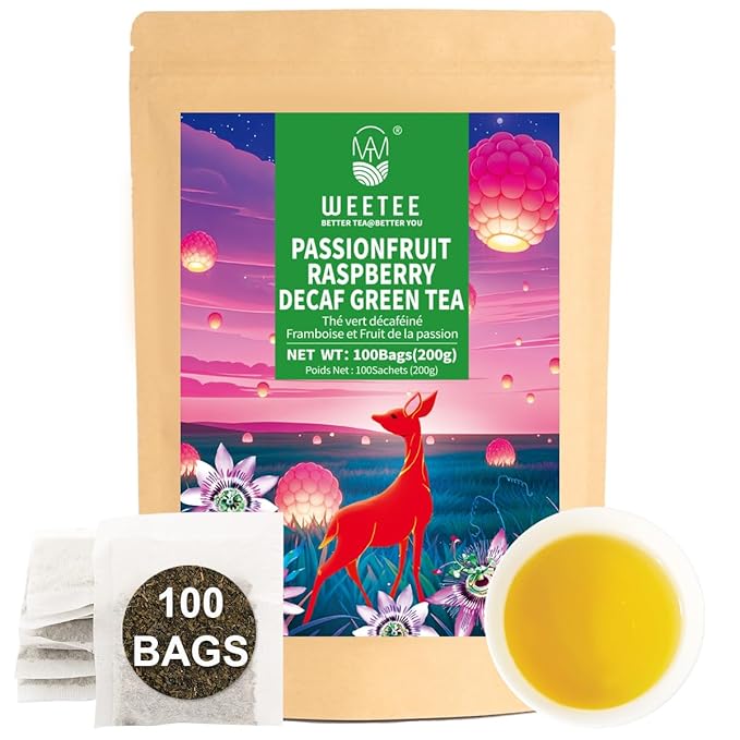 WT WEETEE Decaf Passionfruit Raspberry Green Tea, 100 Count Passion Fruit Raspberry Flavored Decaffeinated Green Tea Bags, CO2 Decaffeination