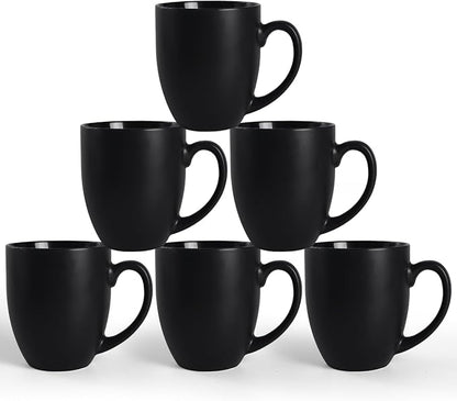 16 OZ Black Stoneware Mugs Set of 6, Large Ceramic Coffee Cups with Handle, Porcelain Mugs for Latte, Milk, Tea and Juice