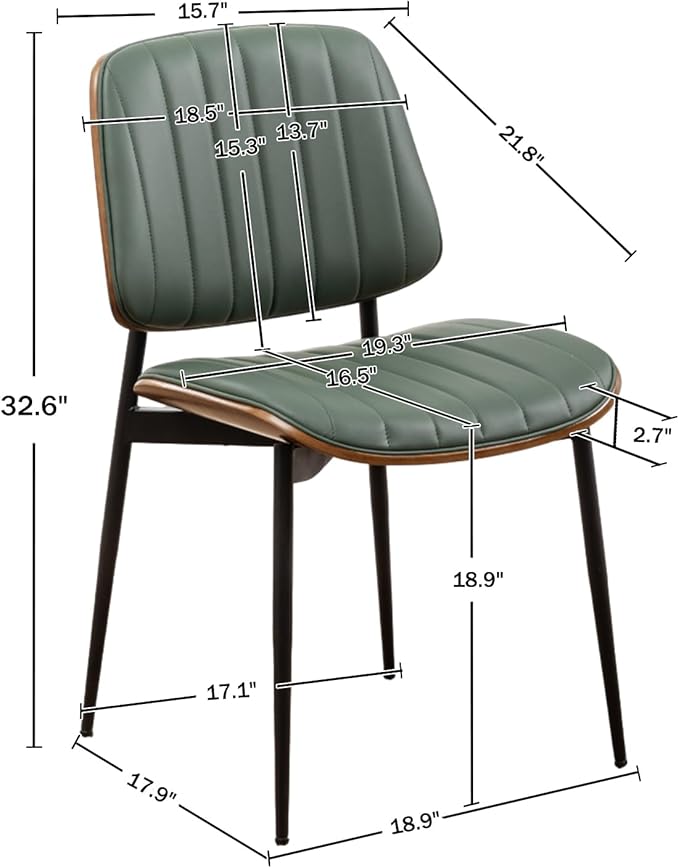 LUNLING Dining Chairs Set of 4 Mid Century Modern Retro Faux Leather Chair with Walnut Bentwood Upholstered Seat Metal Legs Chairs,Adjustable Foot for Kitchen Dining Room Chairs(Green)
