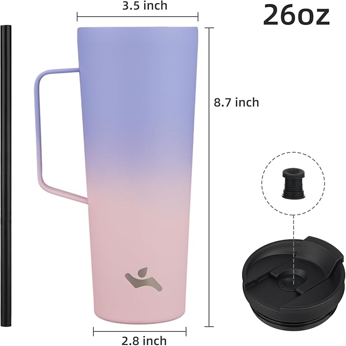 Insulated Tumbler with Handle and Straw, 26 OZ Travel Coffee Mug Stainless Steel Cup Metal Water Bottle,Pastel Sunset