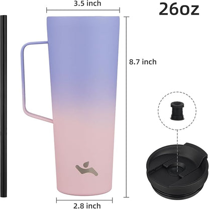 Insulated Tumbler with Handle and Straw, 26 OZ Travel Coffee Mug Stainless Steel Cup Metal Water Bottle,Pastel Sunset