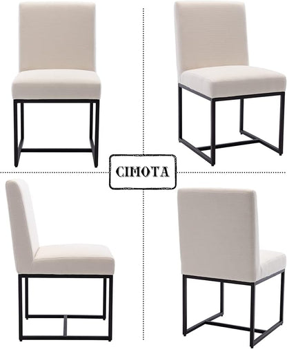 CIMOTA Modern Linen Dining Chair Set of 2, Mid Century Dining Room Chairs Fabric Upholstered Armless Side Chair with Black Sled Base for Dining Room, White Cream 2PCS