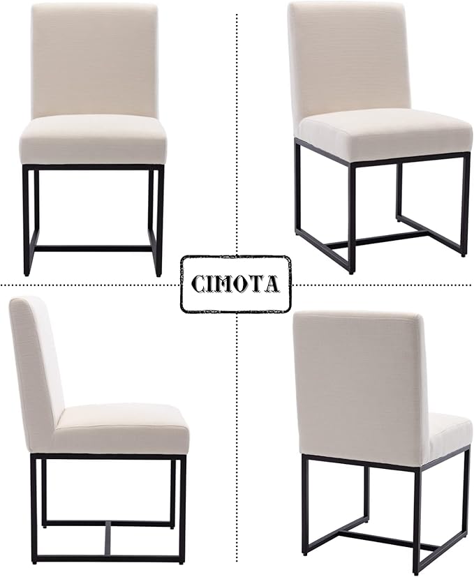 CIMOTA Modern Linen Dining Chair Set of 2, Mid Century Dining Room Chairs Fabric Upholstered Armless Side Chair with Black Sled Base for Dining Room, White Cream 2PCS