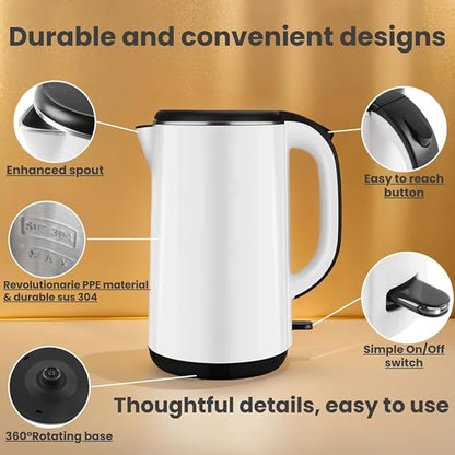 FAB&DELUXE 1.8L Stainless Steel Kettle Water Boiler, Double Wall Insulated,Fullbody 304Stainless Steel Interior & Lid,Quick Heating Electric Kettles for Boiling Water,Auto Shut-Off,White