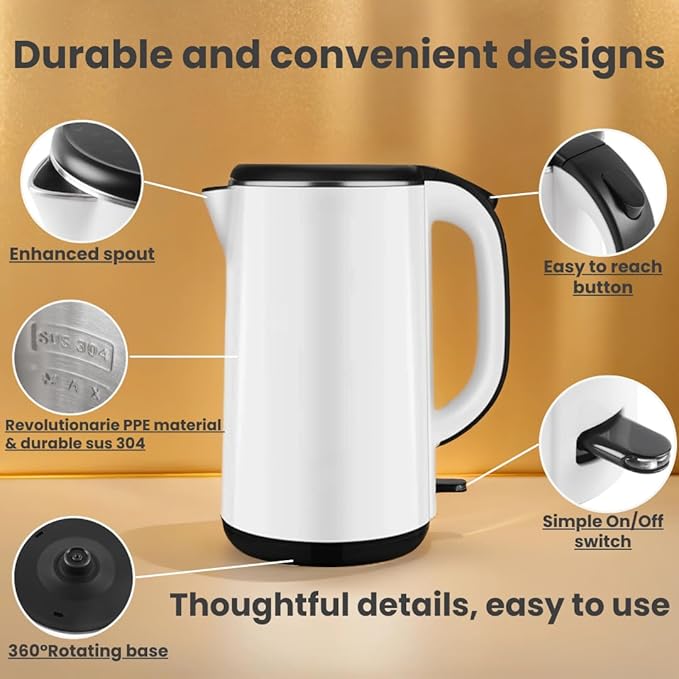 FAB&DELUXE 1.8L Stainless Steel Kettle Water Boiler, Double Wall Insulated,Fullbody 304Stainless Steel Interior & Lid,Quick Heating Electric Kettles for Boiling Water,Auto Shut-Off,White