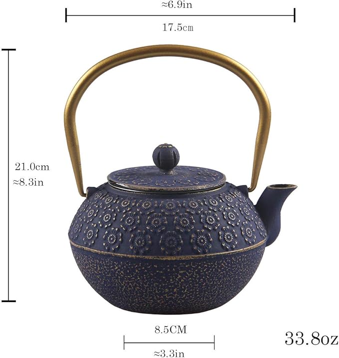 Teapot Cast Iron Tea Kettle for Stovetop Safe Coated with Enameled Interior,Japanese Cast Iron Teapot with Stainless Steel Infuser for Loose Tea(33.8oz)