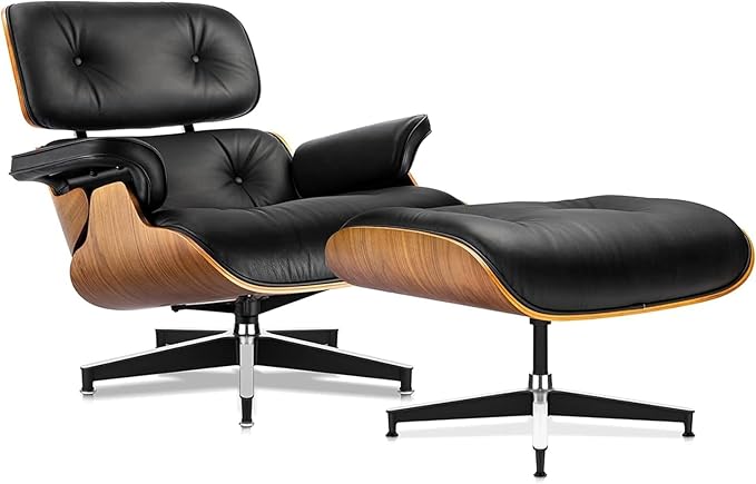 Premium Black Grain Leather, Mid Century Modern Chaise Lounge & Ottoman Set, Classic Design Chair, Heavy Duty Base Support for Living Room, Lounge, Office, Palisander Wood（Upgraded, Walnut-black)