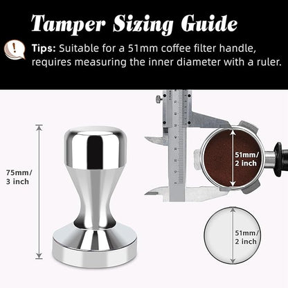 Huogary Stainless steel Coffee Tamper, 51mm Espresso Tamper, 51mm Tamper with Stainless Steel Handle, Coffee Powder Espresso Accessories (Silver) (Silver)