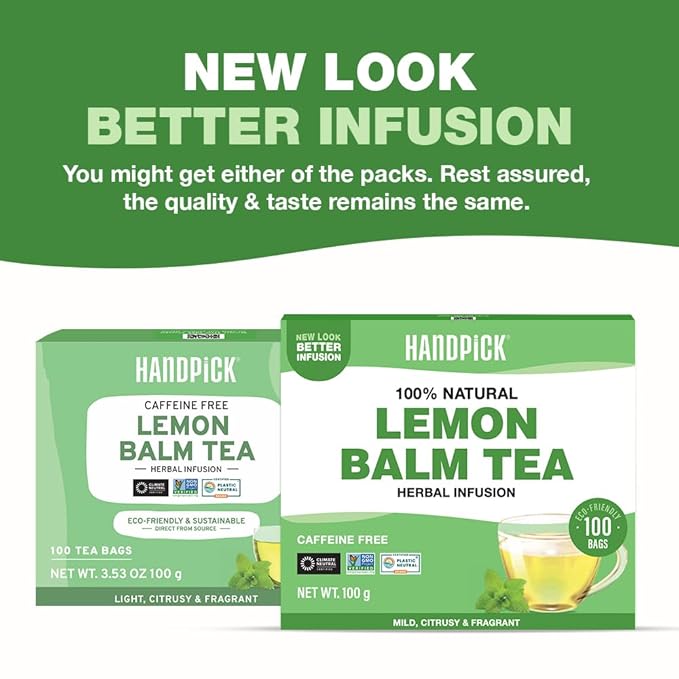 HANDPICK Lemon Balm Tea Bags – 100 Count | 100% Pure & Naturally Dried | Caffeine-Free Herbal Tea with Citrus Flavor & Aroma | Premium Lemon Balm Leaf for Calming and Digestion Support