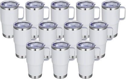 20 oz Stainless Steel Tumbler with Handle Bulk Metal Insulated Tumblers Travel Coffee Mug with Handle Double Wall Tumbler Cup with Lid and Straw, White 12 Pack