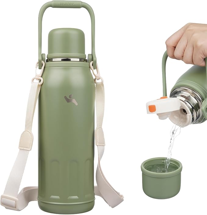 Insulated Water Bottle with Handle and Strap,Vacuum Travel Tumbler with Cup Lid,Thermo Coffee Cup for Hot Cold Drinks 50 OZ,Army Green