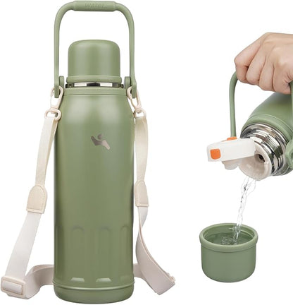 Insulated Water Bottle with Handle and Strap,Vacuum Travel Tumbler with Cup Lid,Thermo Coffee Cup for Hot Cold Drinks 50 OZ,Army Green