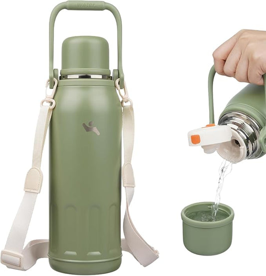 Insulated Water Bottle with Handle and Strap,Vacuum Travel Tumbler with Cup Lid,Thermo Coffee Cup for Hot Cold Drinks 50 OZ,Army Green
