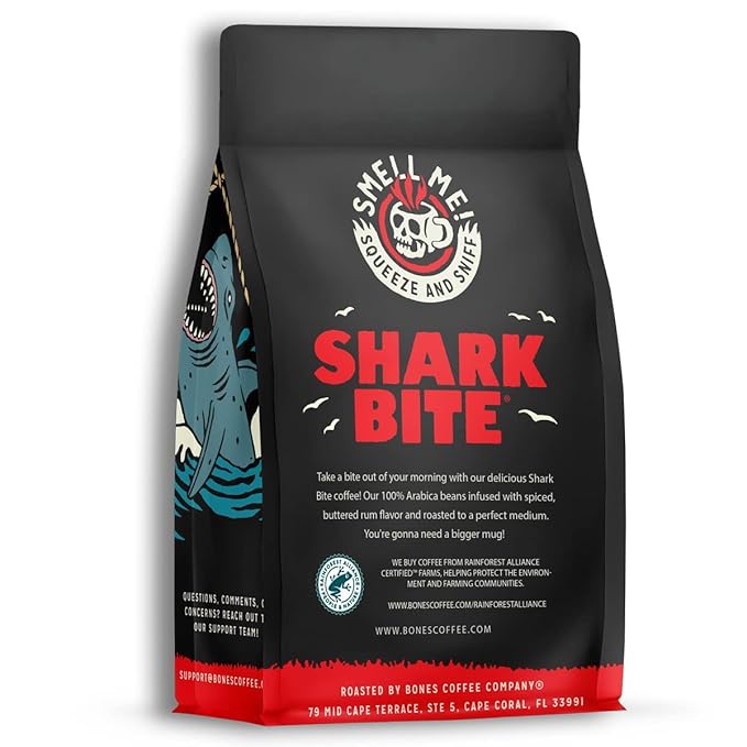 Bones Coffee Company Shark Bite, Buttered Rum Flavored Coffee, Medium Roast Low Acid Arabica Beans Compatible with Auto drip and French Press Coffee Maker, 12 Oz Whole Bean