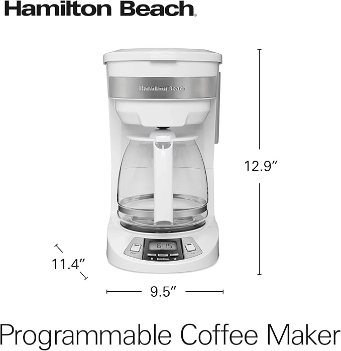 Hamilton Beach 12 Cup Programmable Drip Coffee Maker with 3 Brew Options, Glass Carafe, Auto Pause and Pour, White (46294)