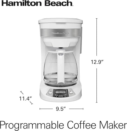 Hamilton Beach 12 Cup Programmable Drip Coffee Maker with 3 Brew Options, Glass Carafe, Auto Pause and Pour, White (46294)