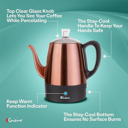 Euro Cuisine PER04 Stainless Steel Electric Coffee Percolator, 4 Cup, Polished Copper Finish, Dripless Gooseneck Spout, Clear Glass Knob, Brewing Indication, Keep-Warm Function, Detachable Cord