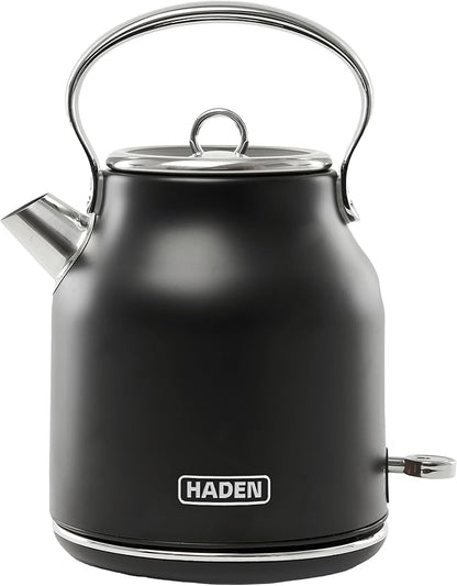 HADEN Heritage 1.7 Liter Stainless Steel Electric Kettle, Hot Water Kettle with 360-Degree Base and Auto Shutoff, Black & Chrome
