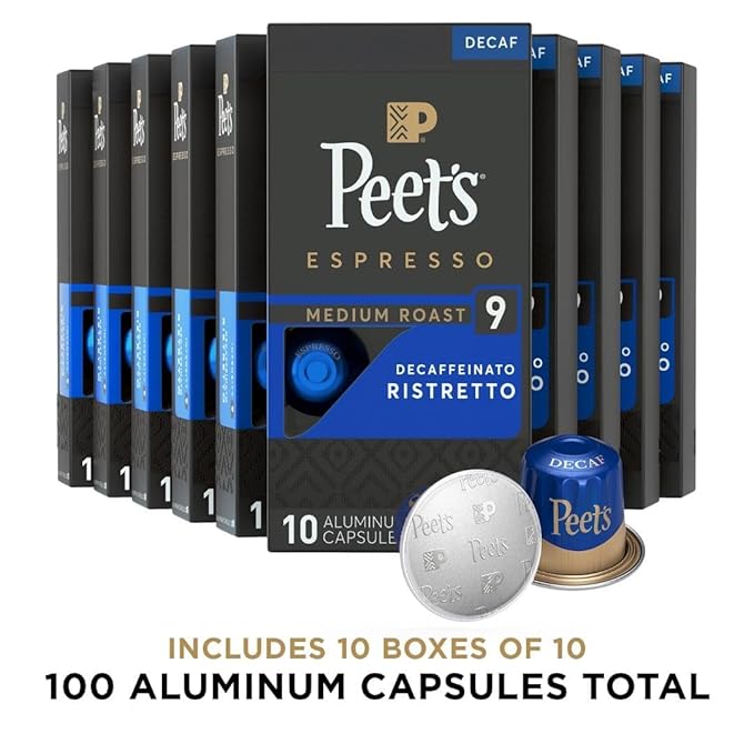 Peet's Coffee, Medium Roast Decaf Espresso Capsules, Compatible with Nespresso Original Machine - Decaf Ristretto Intensity 10, 100 Count (10 Boxes of 10 Espresso Capsules)