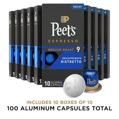 Peet's Coffee, Medium Roast Decaf Espresso Capsules, Compatible with Nespresso Original Machine - Decaf Ristretto Intensity 10, 100 Count (10 Boxes of 10 Espresso Capsules)
