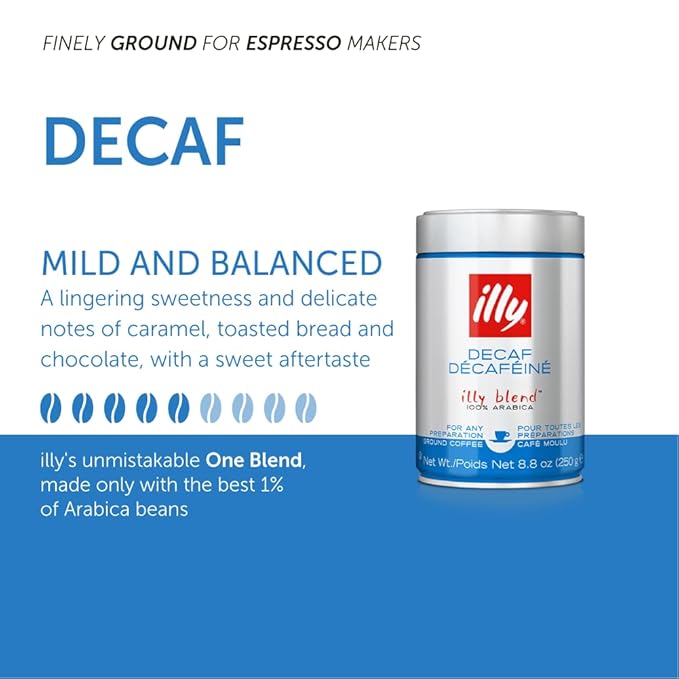 Illy Ground Espresso Coffee, Decaffeinated - Medium Roast - Mild & Balanced - 100% Arabica - Pressurized Packaging Sealed for Freshness - 8.8oz (Pack of 6)