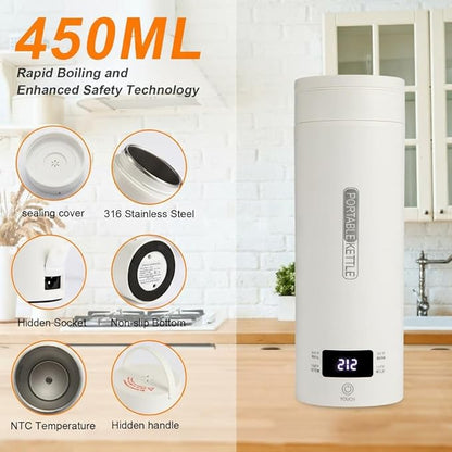 Travel Tea Kettle（110V）, Portable Electric Kettle, 316 Stainless Steel Premium Liner, 4-speed Temperature Adjustment with Auto Shut-off and Boil-Off Protection,White.