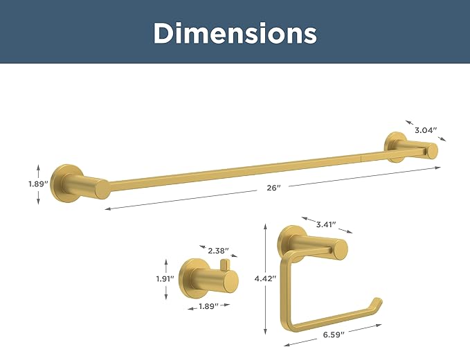 Franklin Brass Kildare 3-Piece Bathroom Set Satin Gold 18" + 6" Towel Rack, Toilet Paper Holder/Hand Towel Holder, Hook | 3-Piece Bath Hardware Accessories Set KLD63-SG
